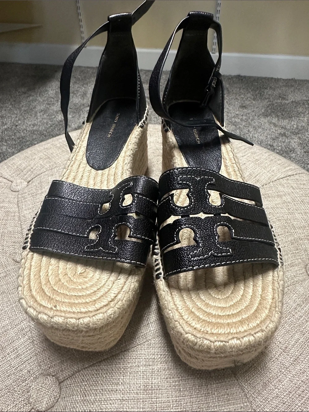 Tory Burch Black Leather Espadrille Platform Sandals